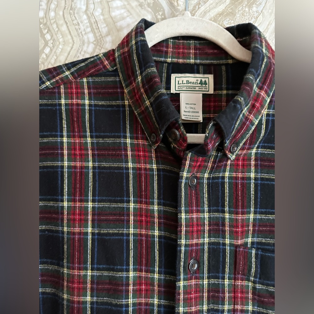 LL BEAN mens L - TALL flannel shirt SCOTCH PLAID 100% cotton 228066 black Red